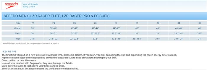 speedo lzr racer x size chart